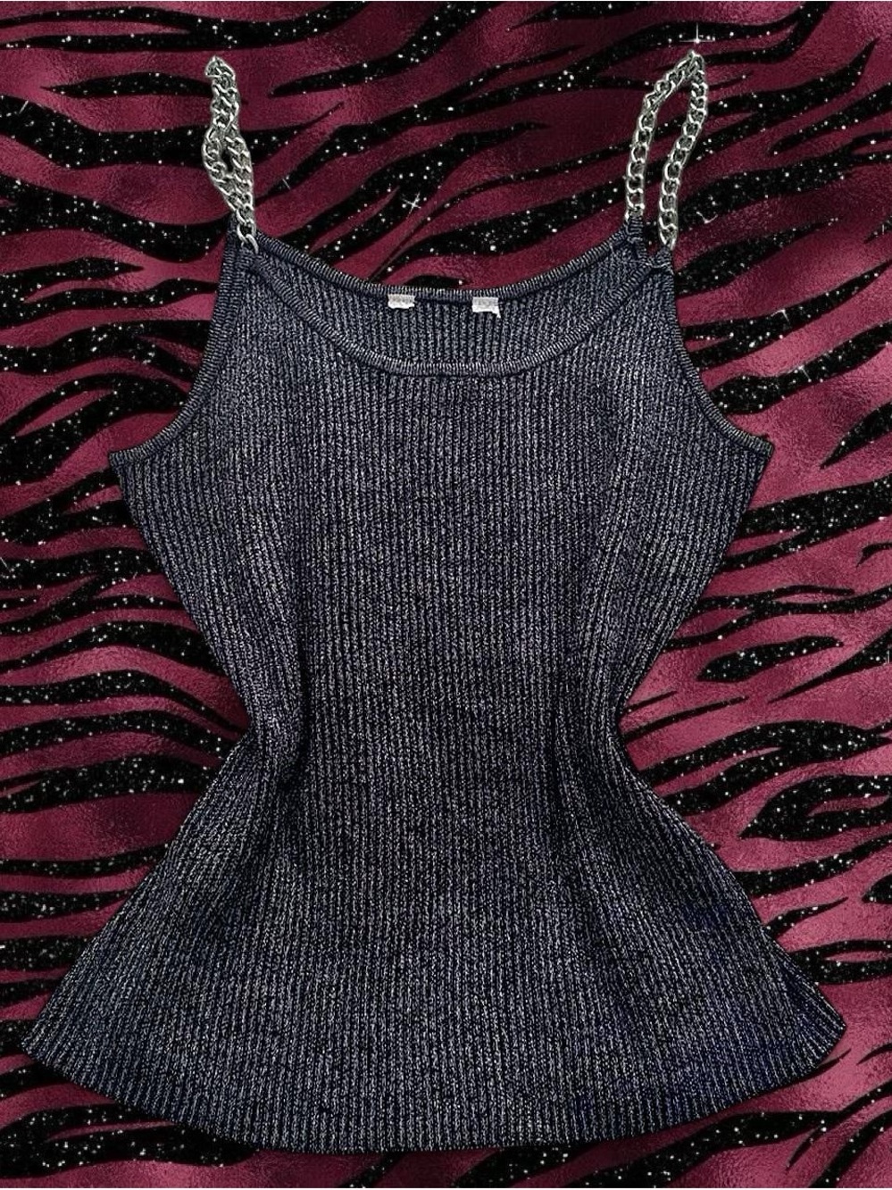 Metallic Silver-Black Ribbed Tank with Chain Straps